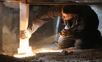 A professional inspecting wooden beams under the floor of a structure in Orlando, FL